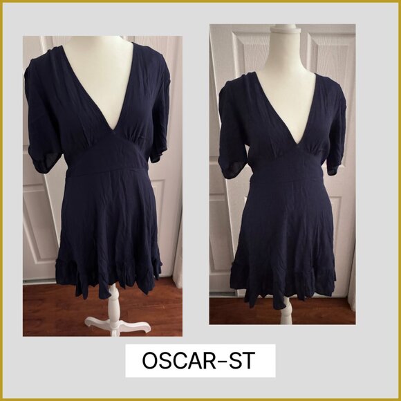 Oscar-ST Navy Deep V-Neck Ruffle Hem Dress – Size M - Picture 3 of 4
